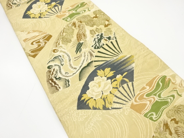 アンティーク　扇に鳳凰・牡丹・蔦の葉模様織り出し丸帯（材料）